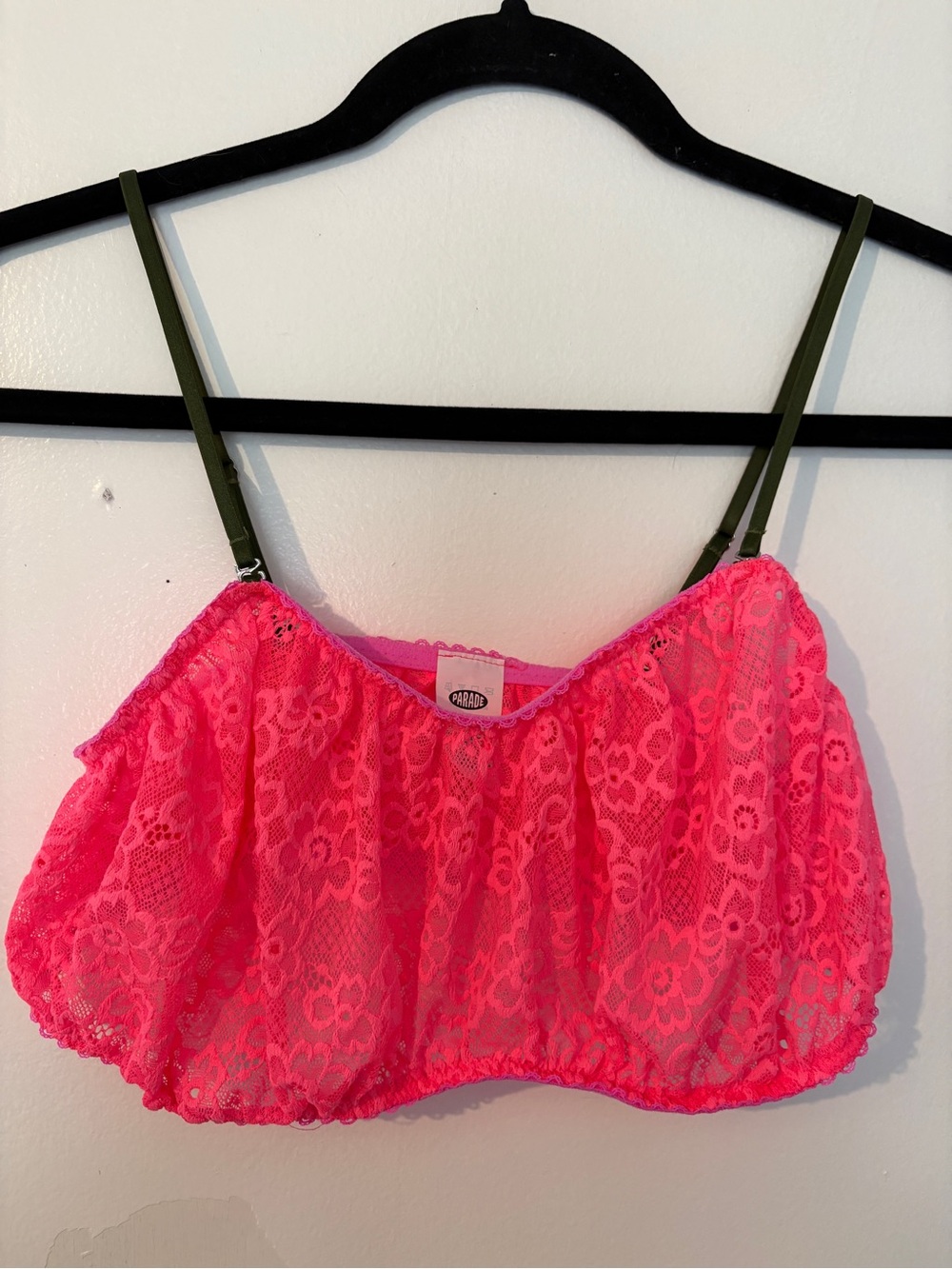 Neon Pink Lace Bralette with Olive Adjustable Straps